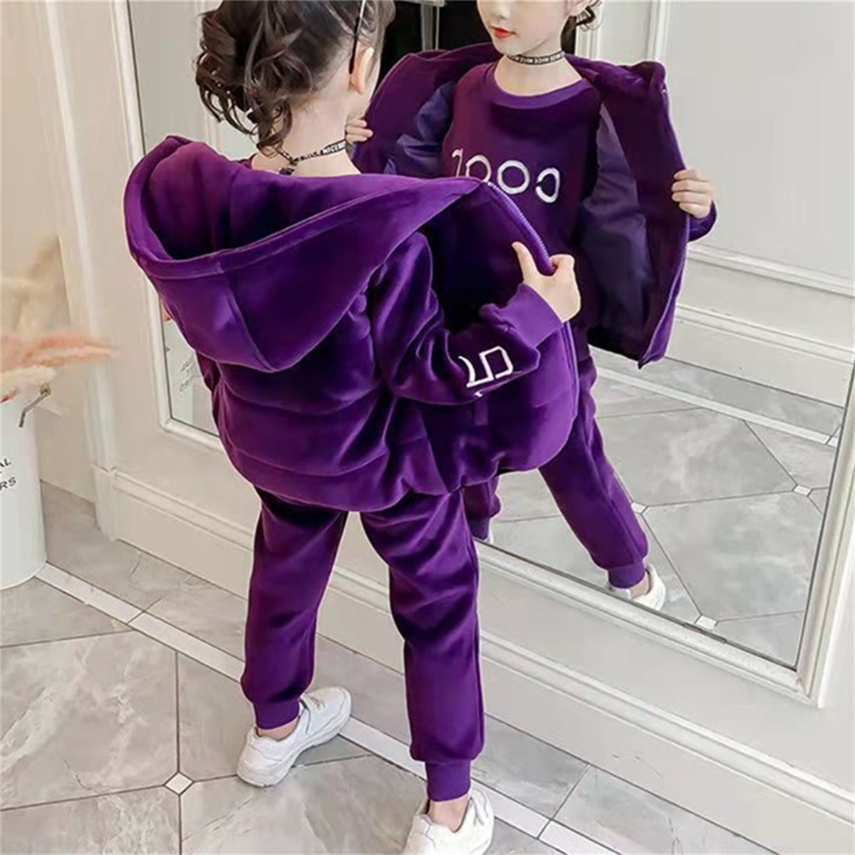 Medium and large girls casual sports style double-faced fleece casual sweatshirt three-piece set