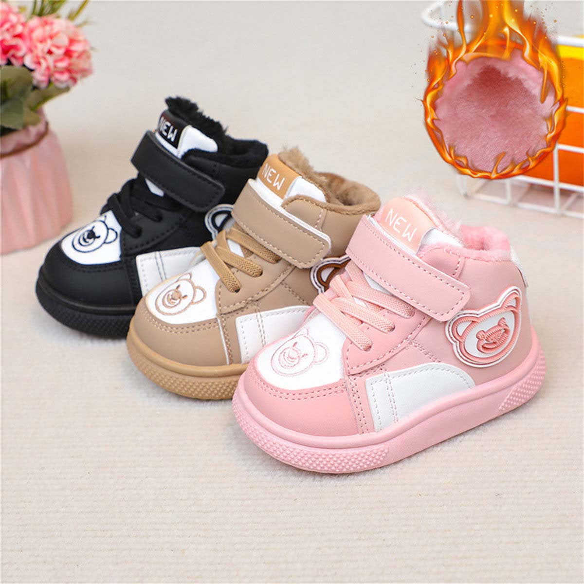 Cute bear warm, wear-resistant and non-slip Velcro cotton boots for boys and girls