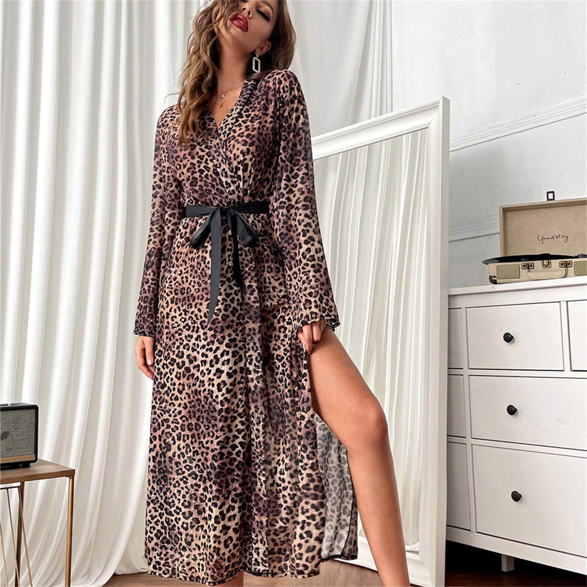 Women's Leopard Print Sleeping Robe Home Pajamas Loose Tie Bathrobe