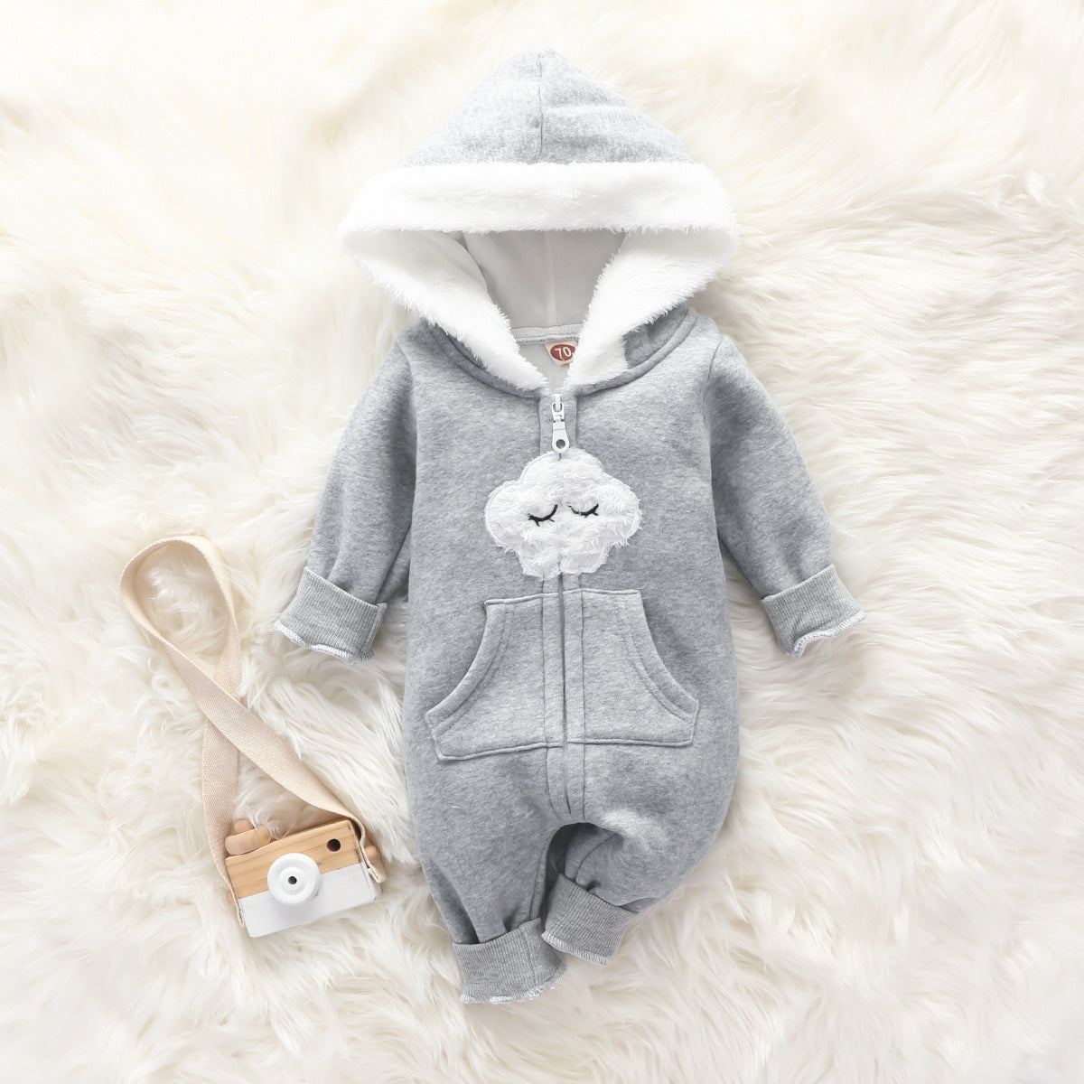 Baby Cute Furry Star Moon Printed Hooded Jumpsuit