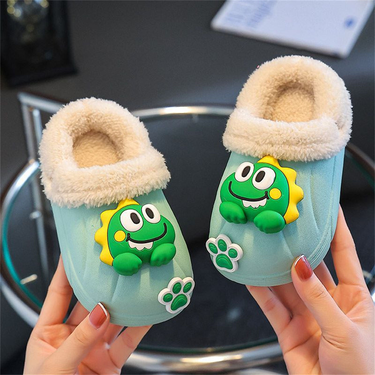 Winter waterproof plush 3D cartoon bear pattern cotton slippers for boys and girls