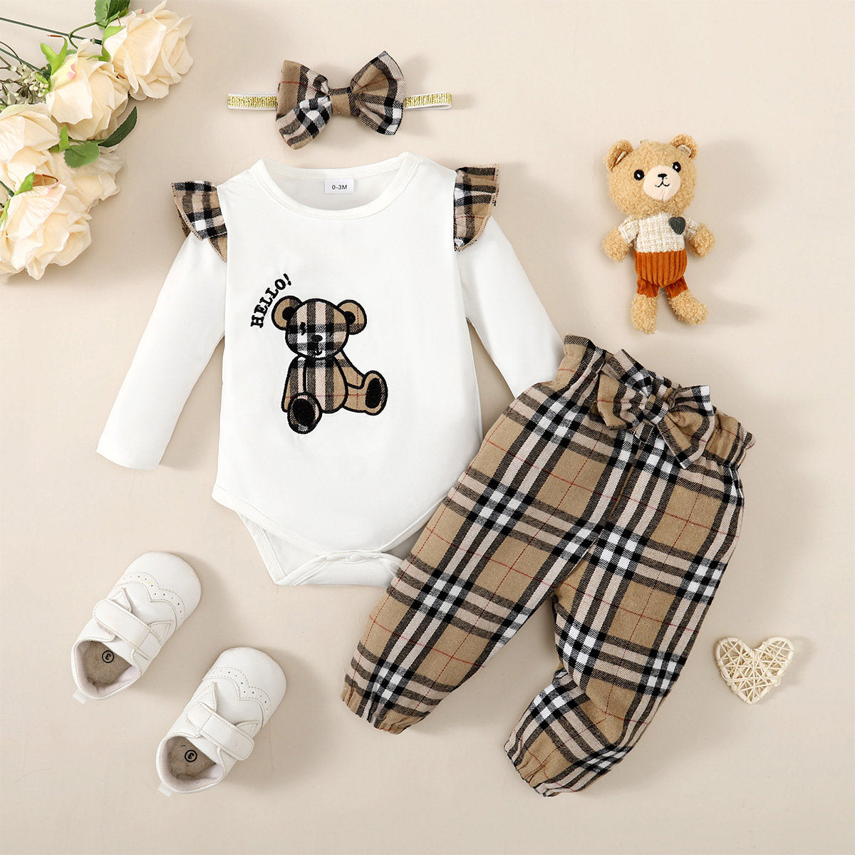 Baby Girl 3 Pieces Bear Pattern Bodysuit & Plaid Pattern Pants & Headband