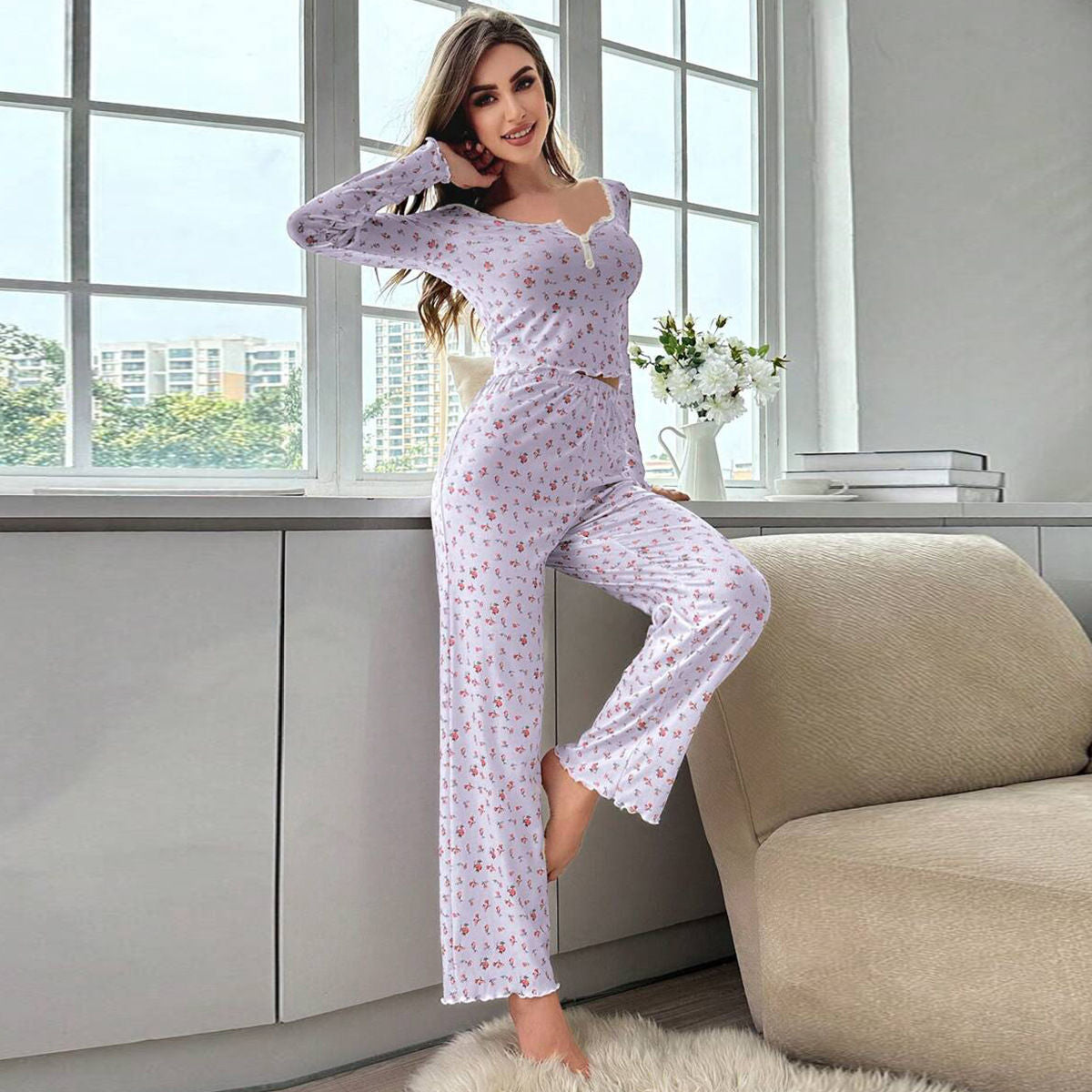 Home wear long sleeve long pants pajamas two piece set