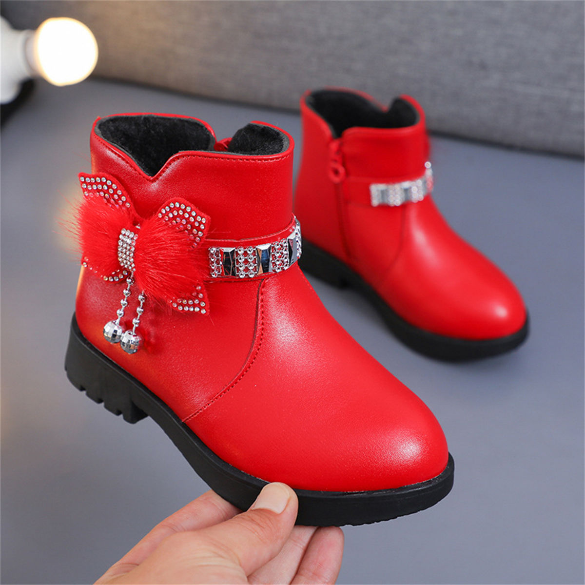 Cute furry and diamond warm waterproof Martin boots for girls in winter