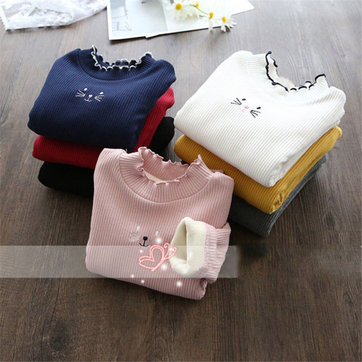 Girls Plush Bottoming Shirt Autumn and Winter Ruffled Thickened Warm T-shirt Children Baby All-match Fleece Sweater