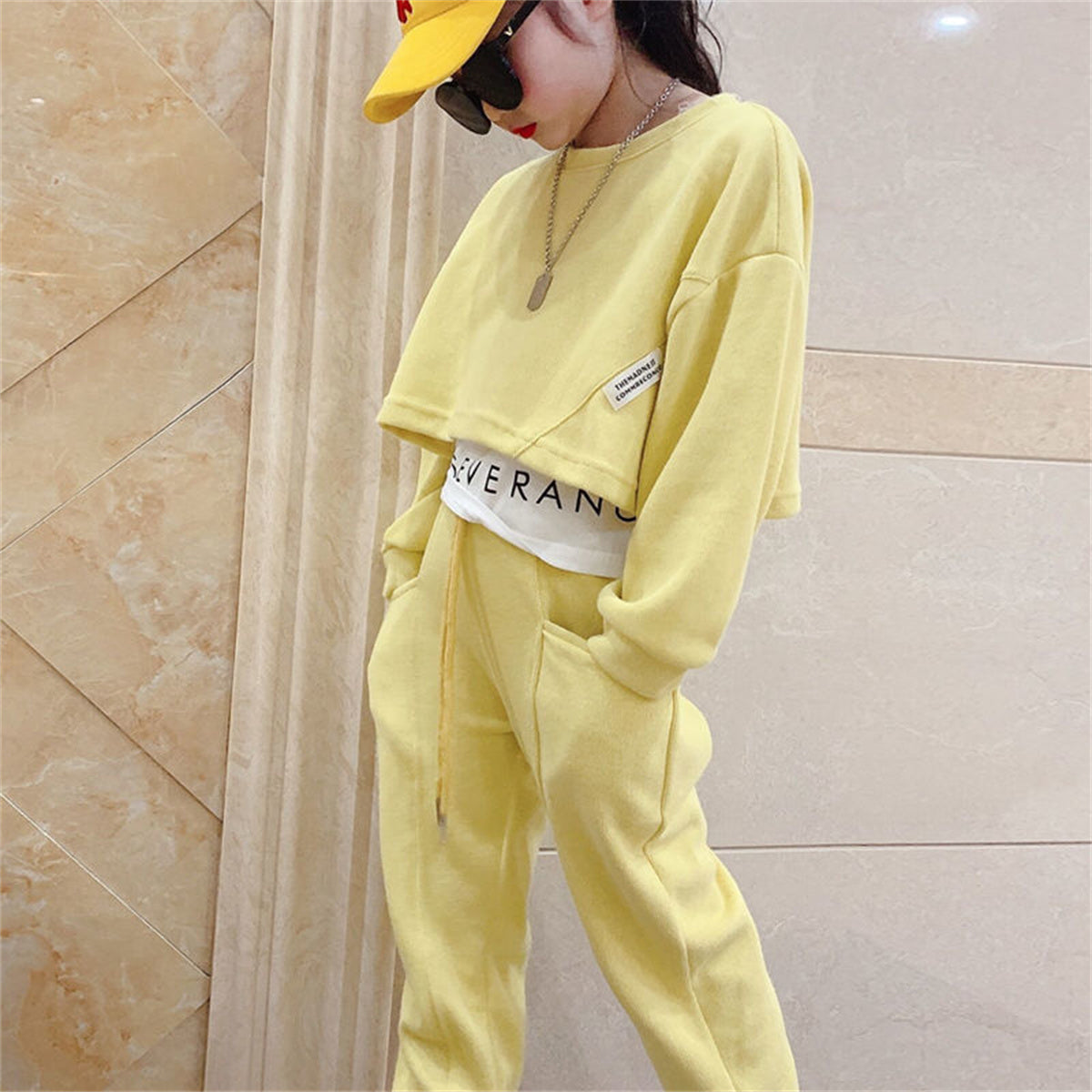 Solid color versatile casual children's clothing suit long-sleeved sweatshirt children's two-piece sportswear