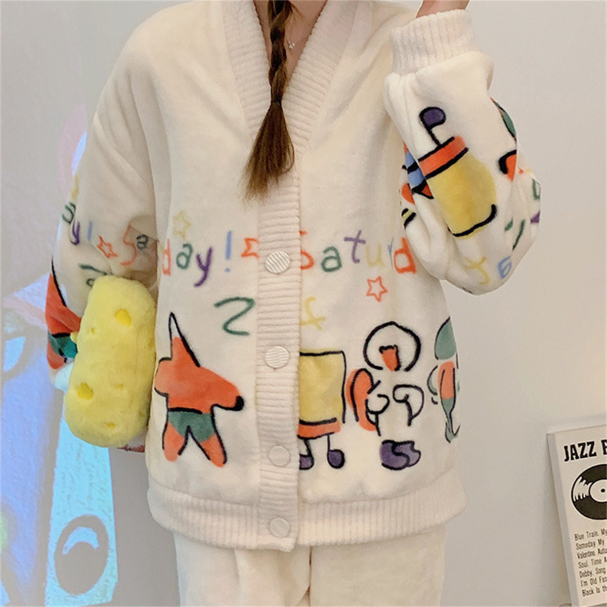 Cartoon flannel pajamas women thick coral fleece long sleeve cardigan plush suit