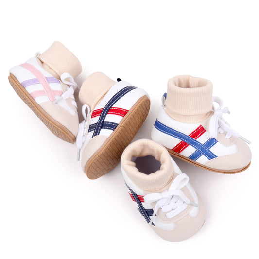 Spring and autumn shoes and socks integrated soft rubber sole lace-up non-slip toddler shoes