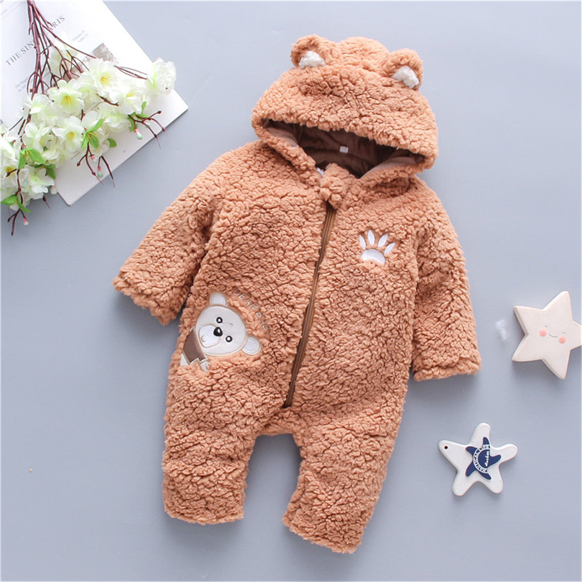 Baby Cute Furry Animal Printed 3D Bear Ear Long-sleeved long-leg romper