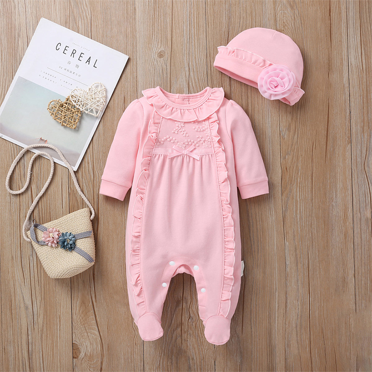 Baby Exquisite Decorative Border Bow Decor Jumpsuit With Floral Hat