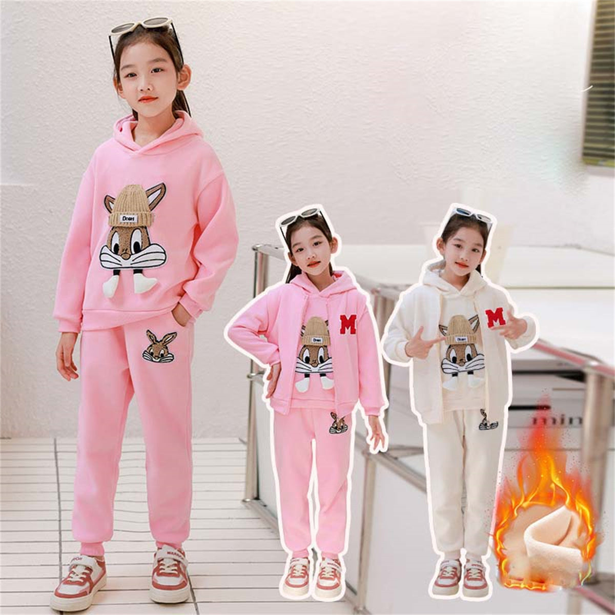 Girls autumn and winter three-piece suits plus velvet and thick sports casual style cute pattern multi-piece suit