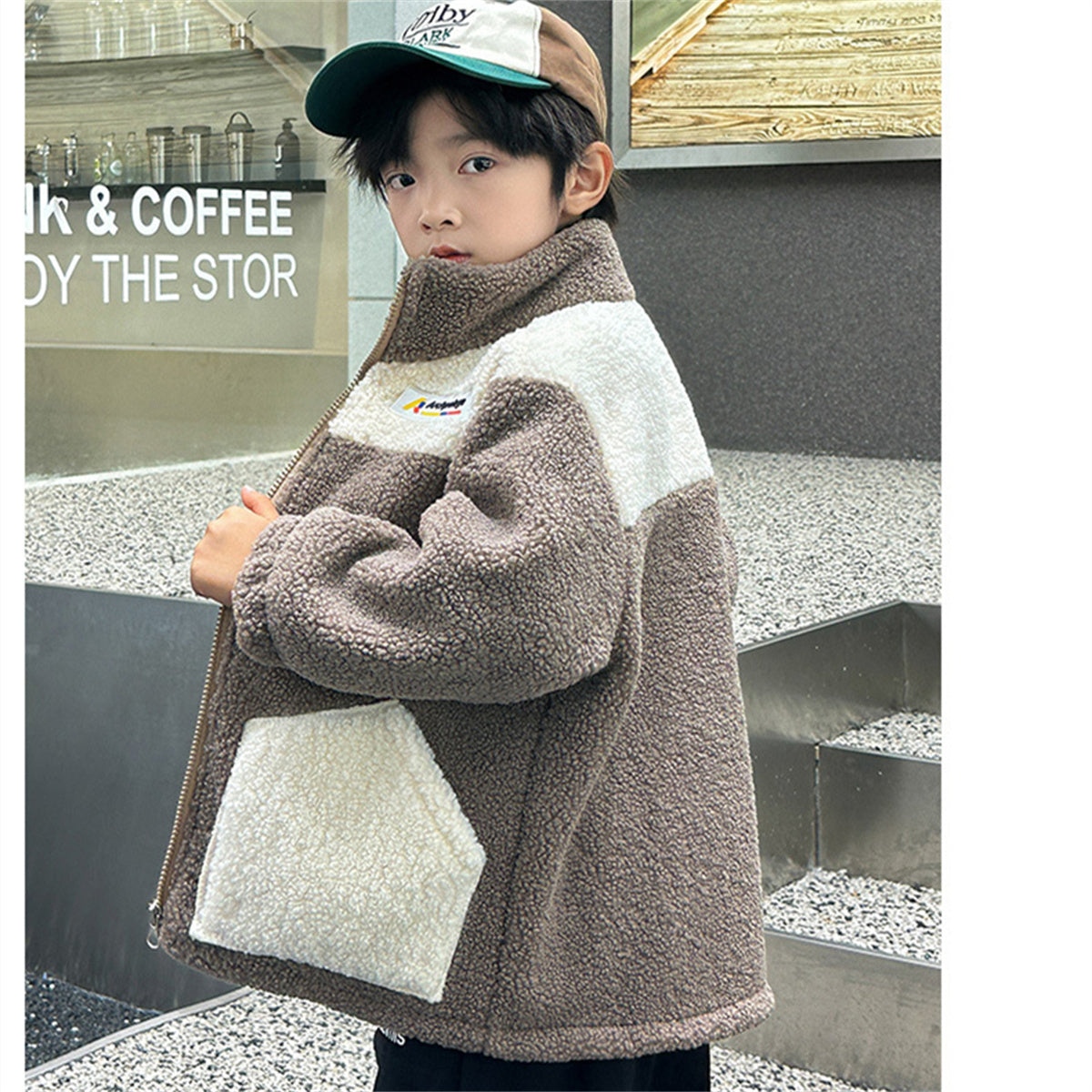 Winter plush and thickened color matching casual jacket for boys and girls