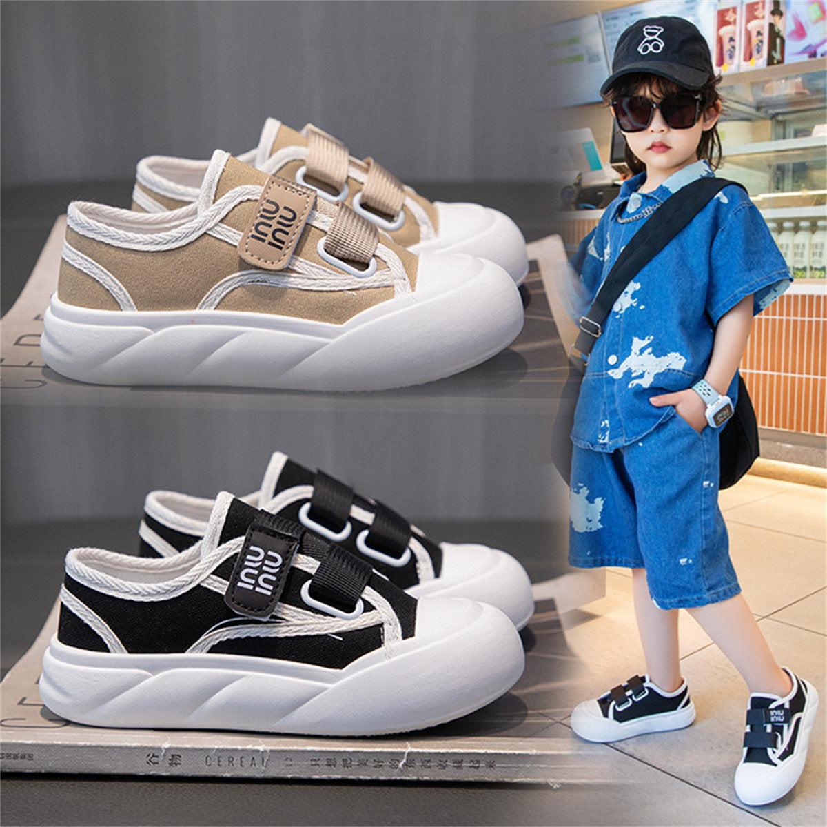 Middle and large boys spring and autumn urban casual style supportive Velcro low-top canvas shoes