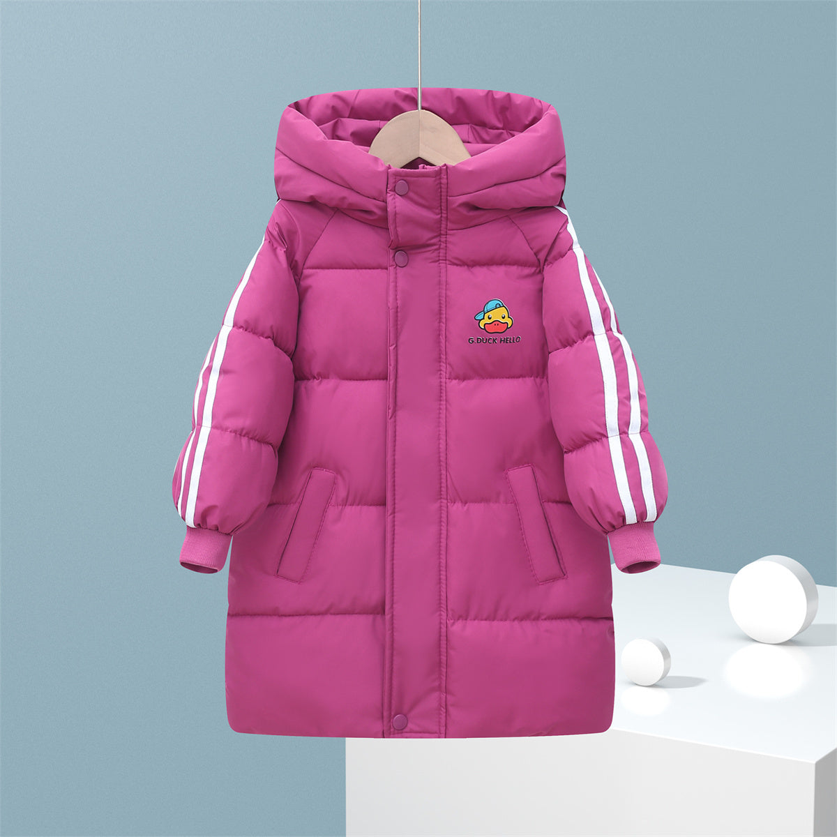 Winter yellow duck cute solid color waterproof warm long down jacket for boys and girls