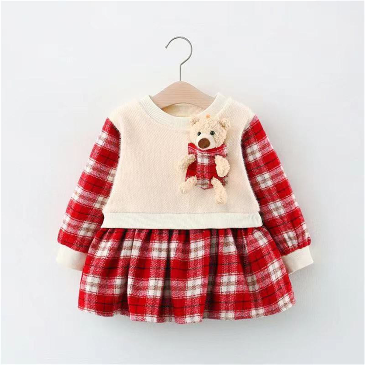 Winter Thickened Girls Plaid Bear Fake Two-piece Long Sleeve Dress