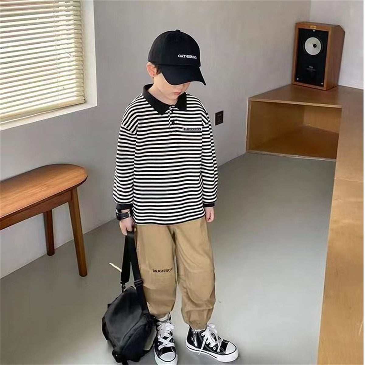 Children's long-sleeved POLO shirt black and white stripes fashion