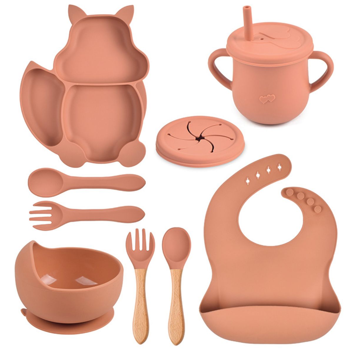 Ready stock squirrel silicone tableware, baby silicone food supplement set, baby fork and spoon integrated silicone dinner plate set