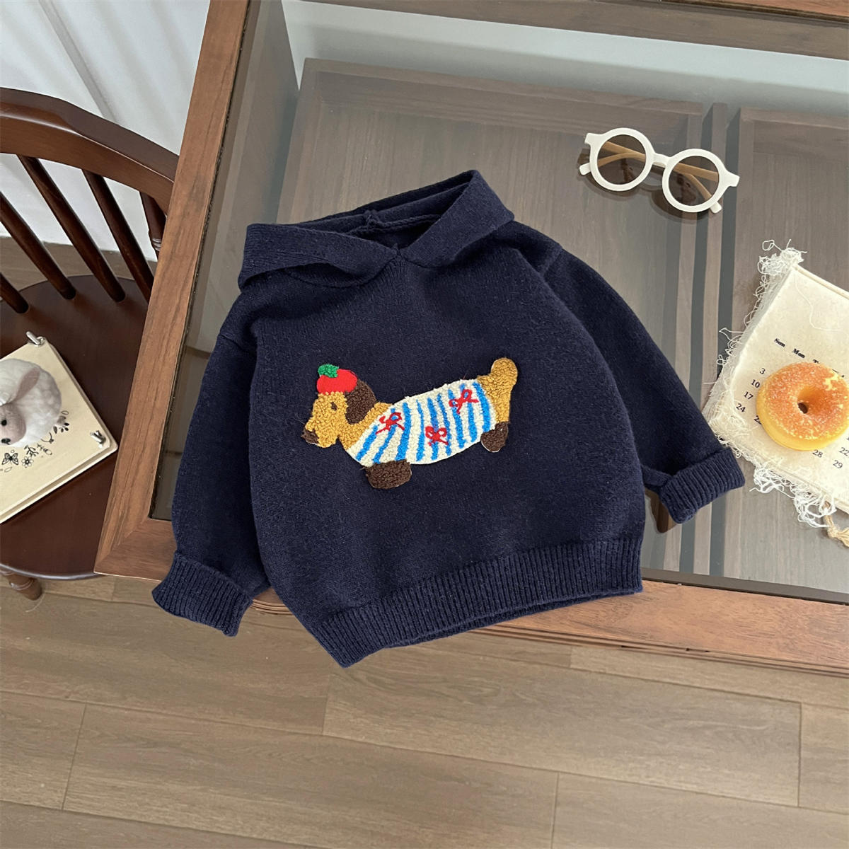 Boys Autumn Cartoon Embroidery Knit Pullover Hooded Sweater