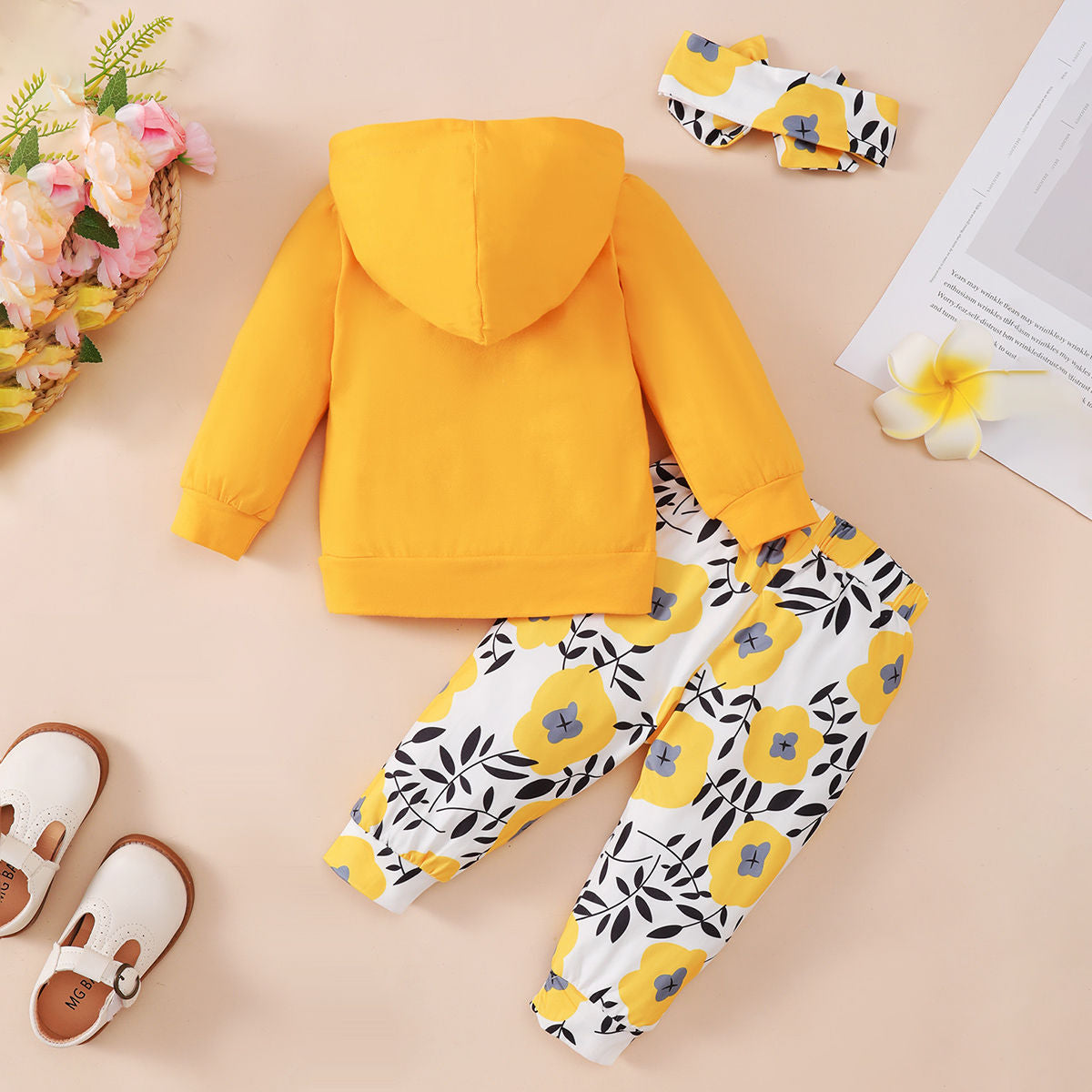 Letter Printed Hooded Long Sleeve Sweatshirt Floral Pants Three-piece Set