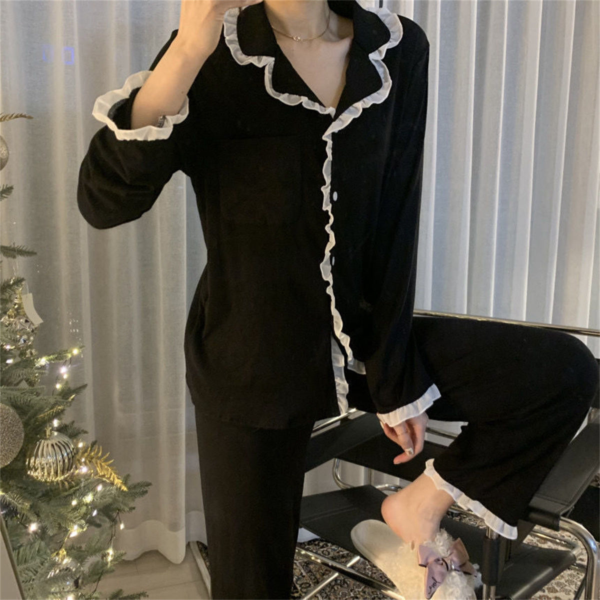 Women's 2-piece ruffled long-sleeved pajama set