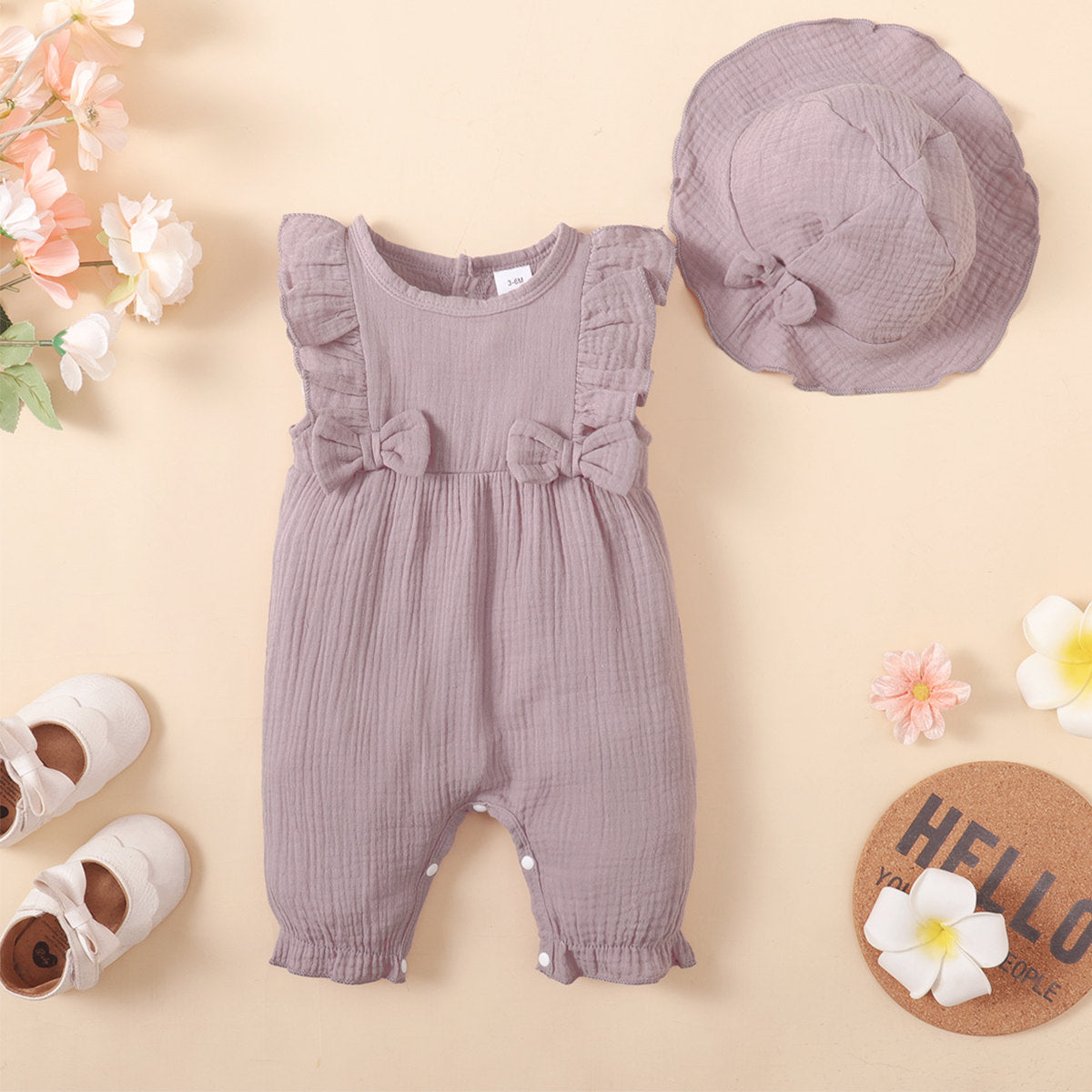 2-piece Baby Girl Pure Cotton Solid Color Bowknot Decor Sleeveless Boxer Romper & Matching Hat