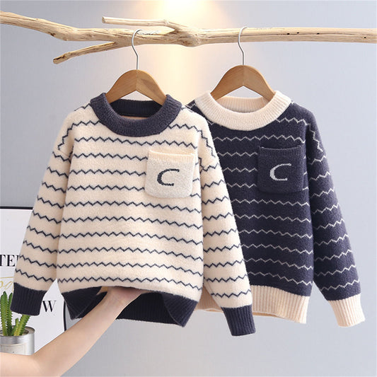 Winter simple horizontal striped pullover sweater for middle and large boys