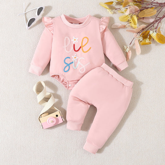 Girls sweatshirt set with letter embroidery, fashionable and sweet, ruffled round neck sweatshirt and sweatpants, loose and casual 2-piece set