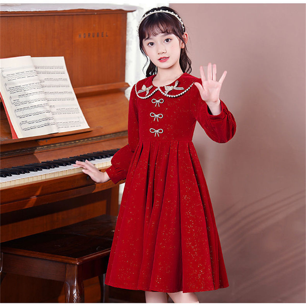 Winter solid color exquisite lady style shiny bow long sleeve dress for middle and large children girls