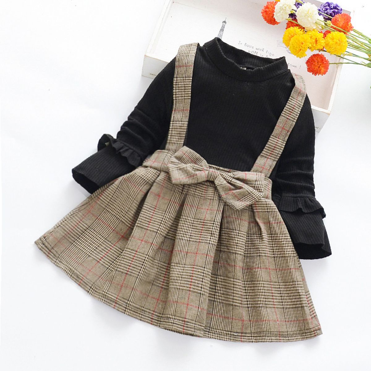 Girls dress spring and autumn baby fake 2 pieces fashionable children's skirt plaid little girl princess skirt