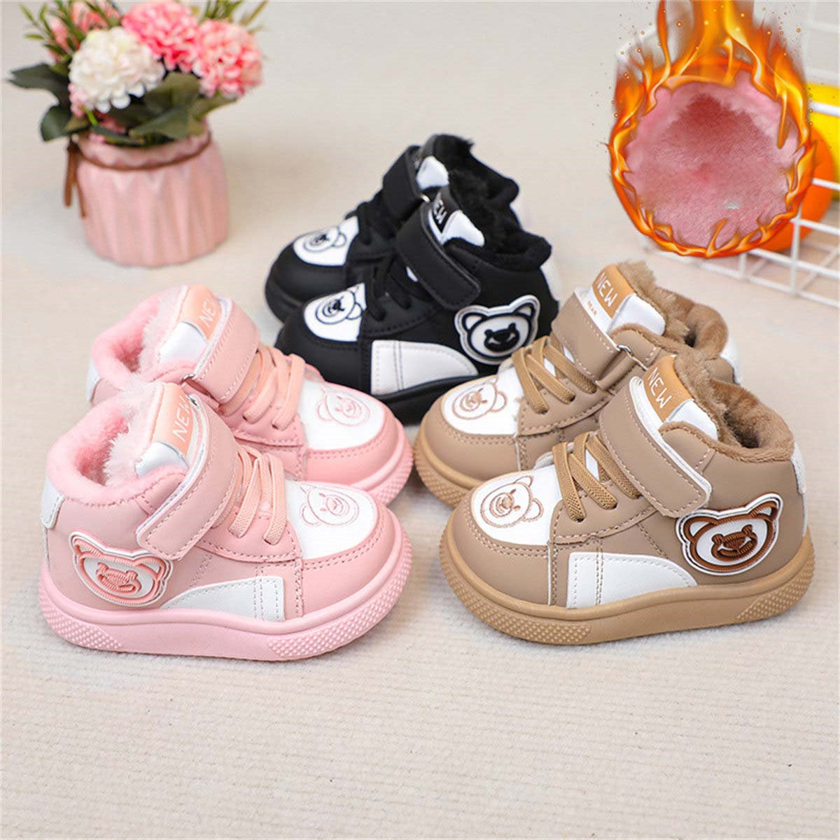 Cute bear warm, wear-resistant and non-slip Velcro cotton boots for boys and girls