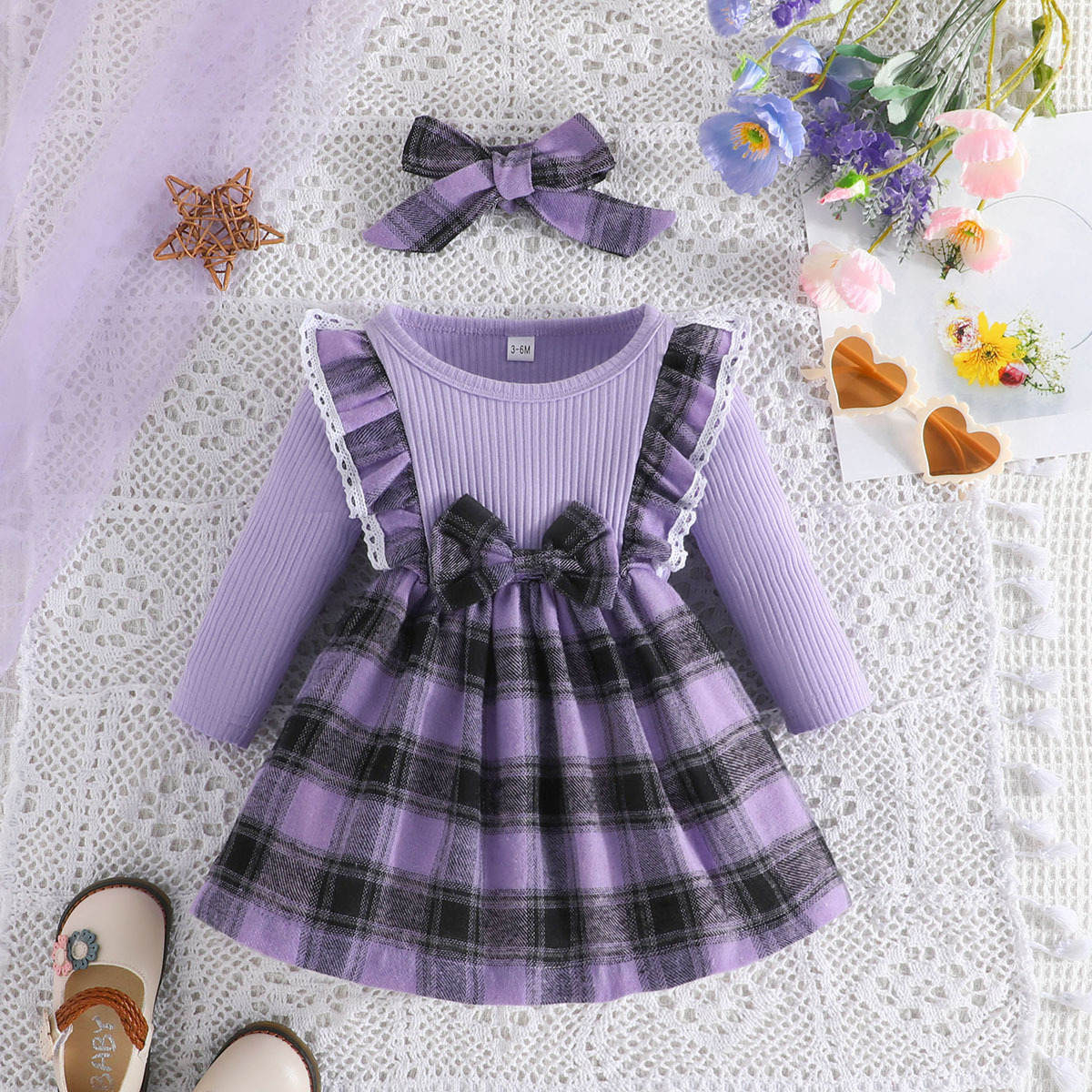 Baby Girl Christmas Long Sleeve Plaid Bowknot Dress