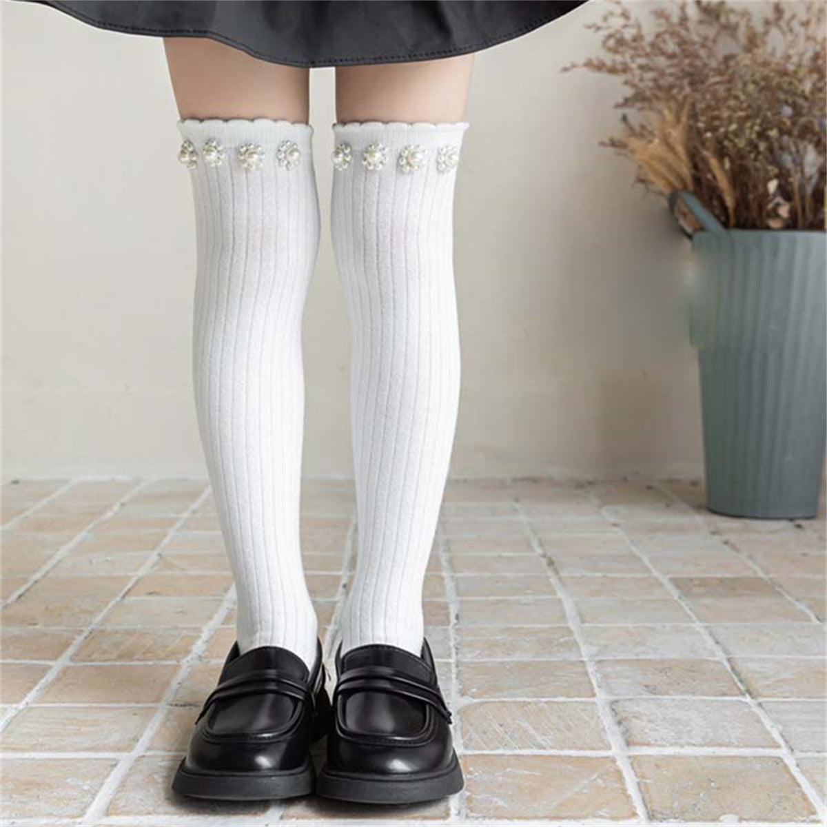 Girls Princess Sweet Style Flower Pearl Stockings