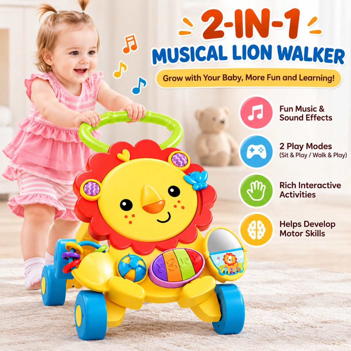 2-in-1 Musical Piano Lion Baby Push Walker with Interactive Activity Toys