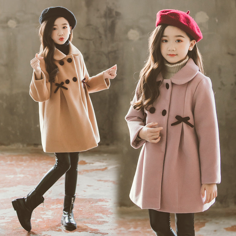 Girls solid color cute medium-length princess woolen coat