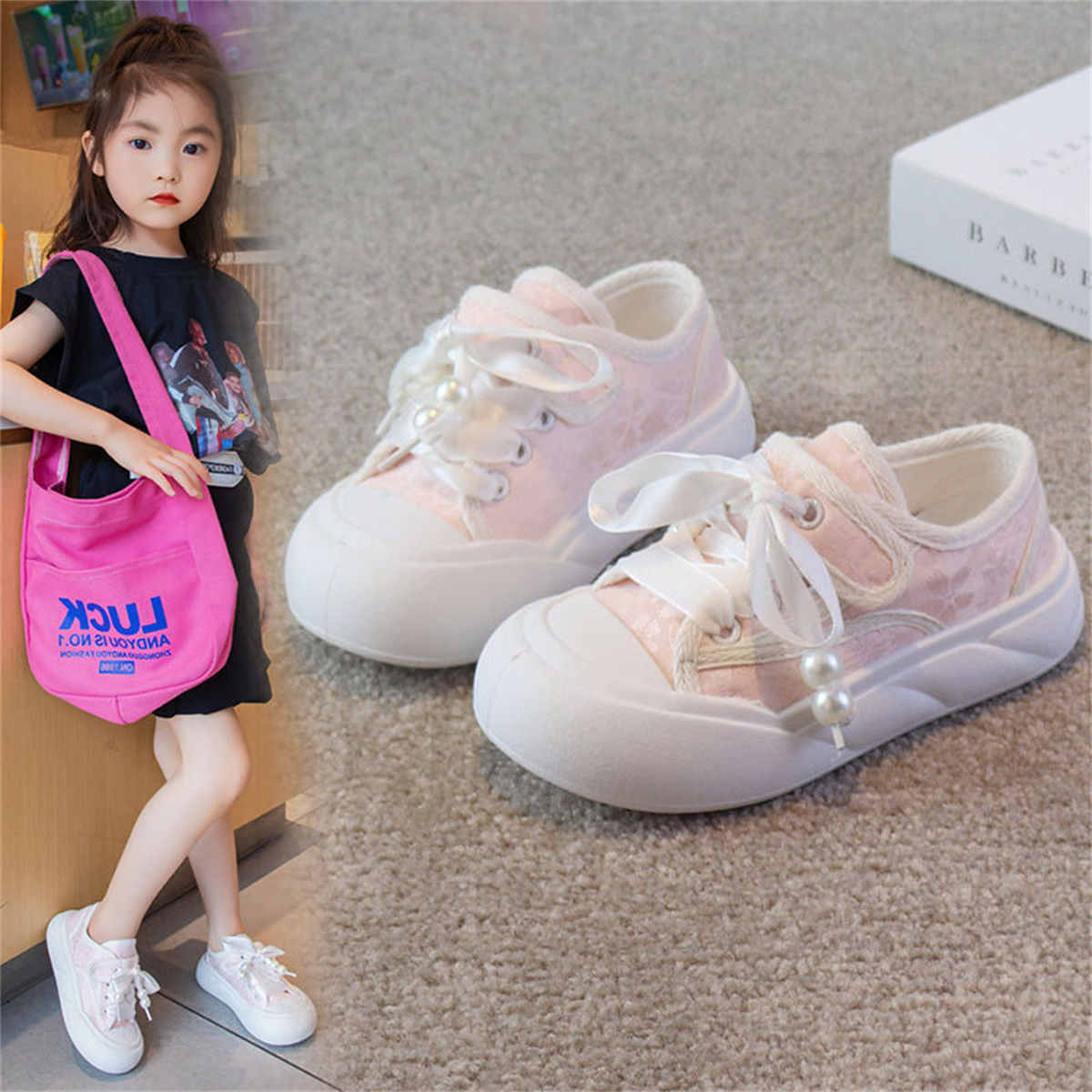 Little girl's pink pearl style sweet temperament comfortable bottom low-top canvas shoes