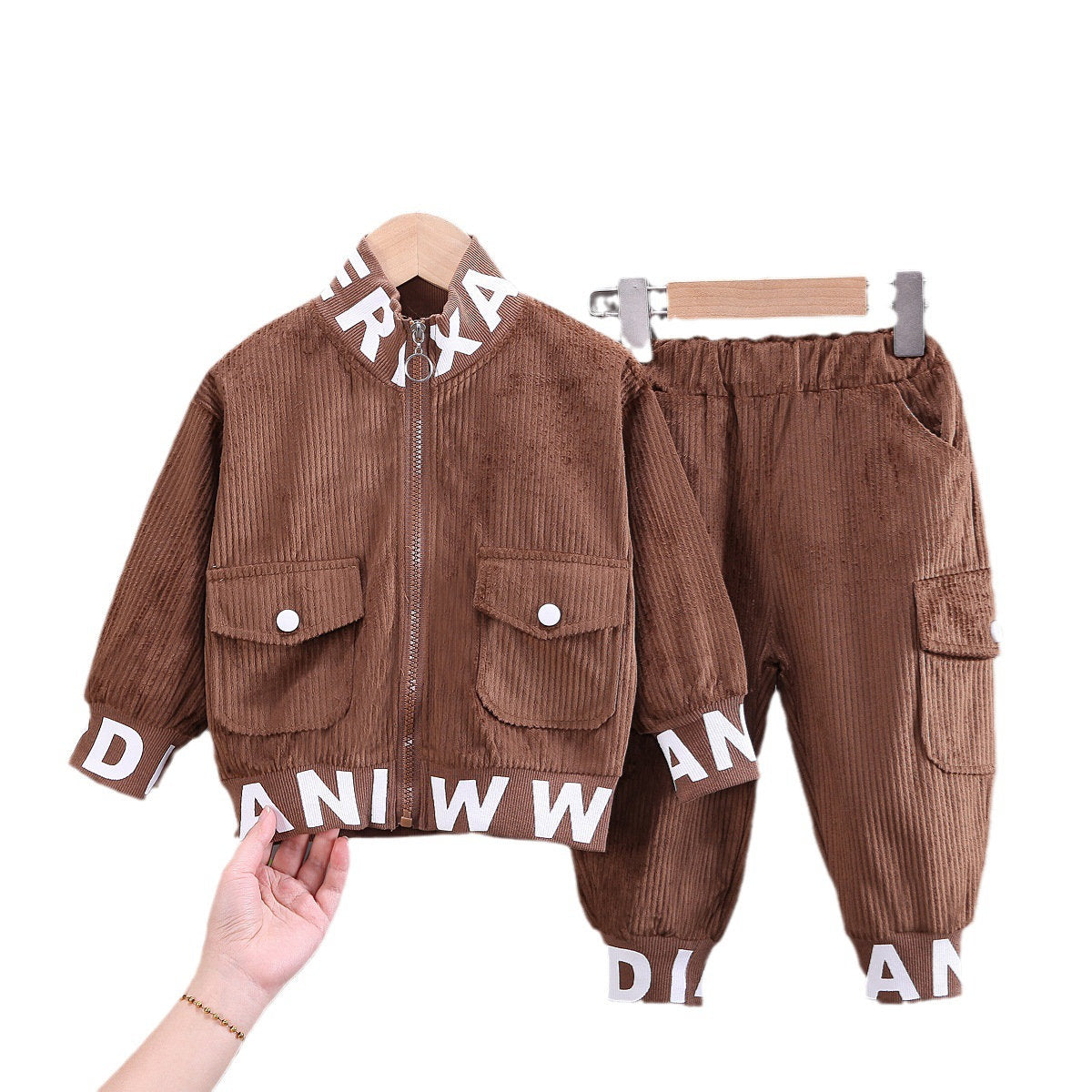 Boys 2-piece letter zip-up shirt and corduroy long-sleeved trousers suit