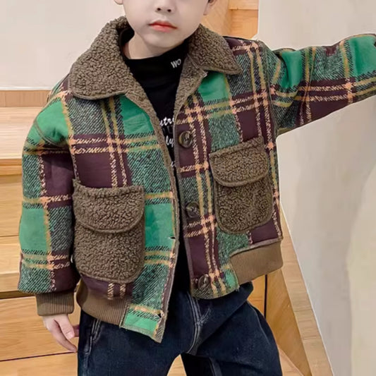 Boys and girls woolen coat plus velvet autumn and winter clothes children&#39;s winter handsome and fashionable plaid coat