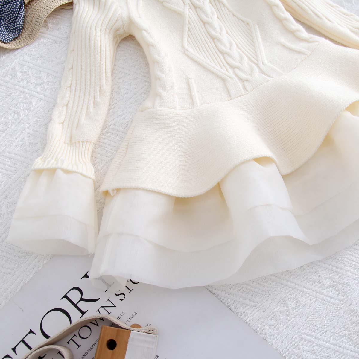 Multicolor Autumn Children's Clothing Knitted Long Sleeve Girls Princess Organza Sweater Dress