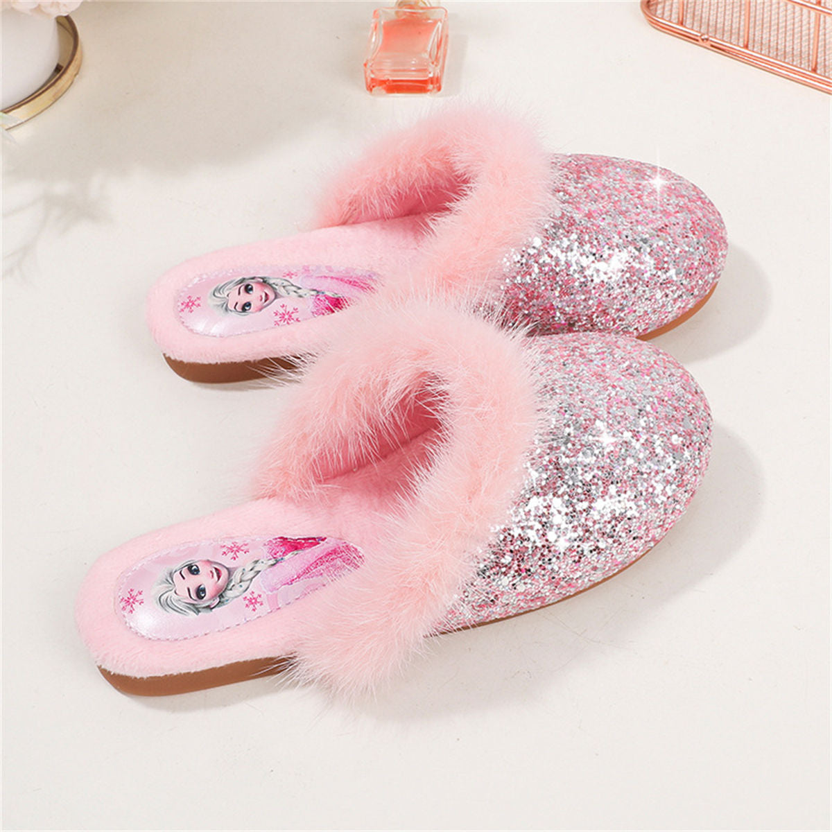 Winter Princess Elsa fur-edged sequined cotton slippers for middle and older girls