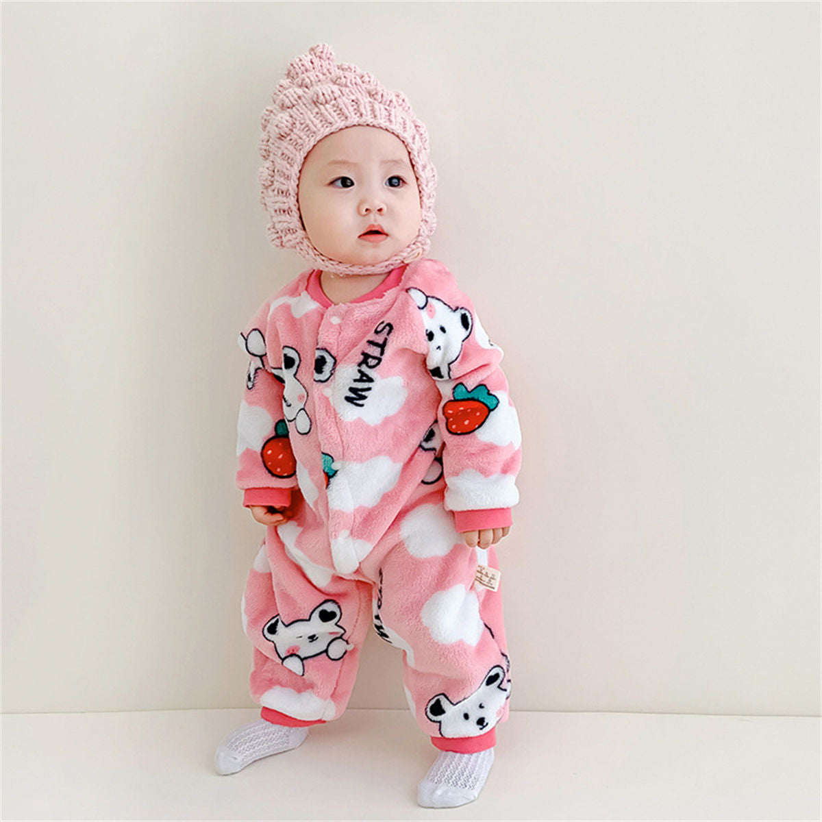 Newborn baby flannel thick warm coral fleece jumpsuit