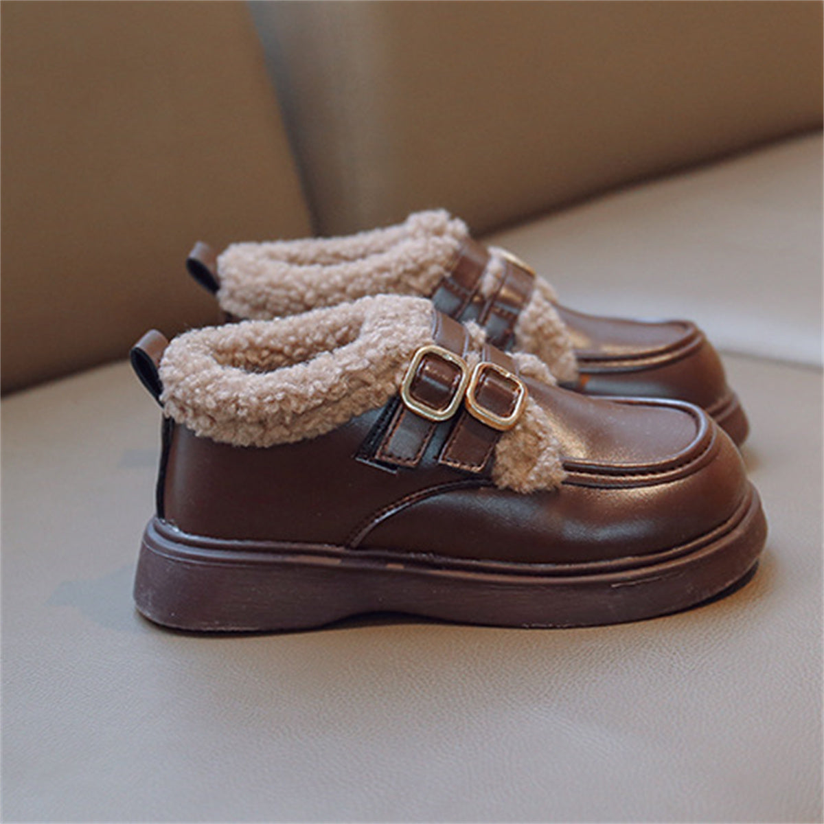 Children's girls' winter style British style plus velvet warm leather shoes low-top cotton shoes