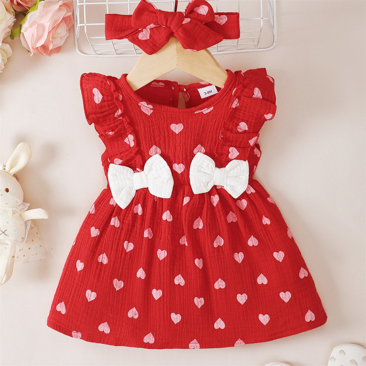 2-piece Baby Girl Pure Cotton Allover Heart Pattern Bowknot Decor Sleeveless Dress & Headwrap