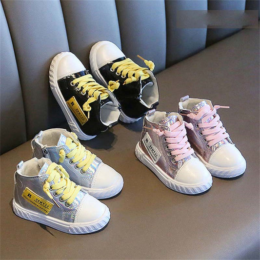 Winter velvet-lined bright-color sequined high-top canvas shoes for boys and girls