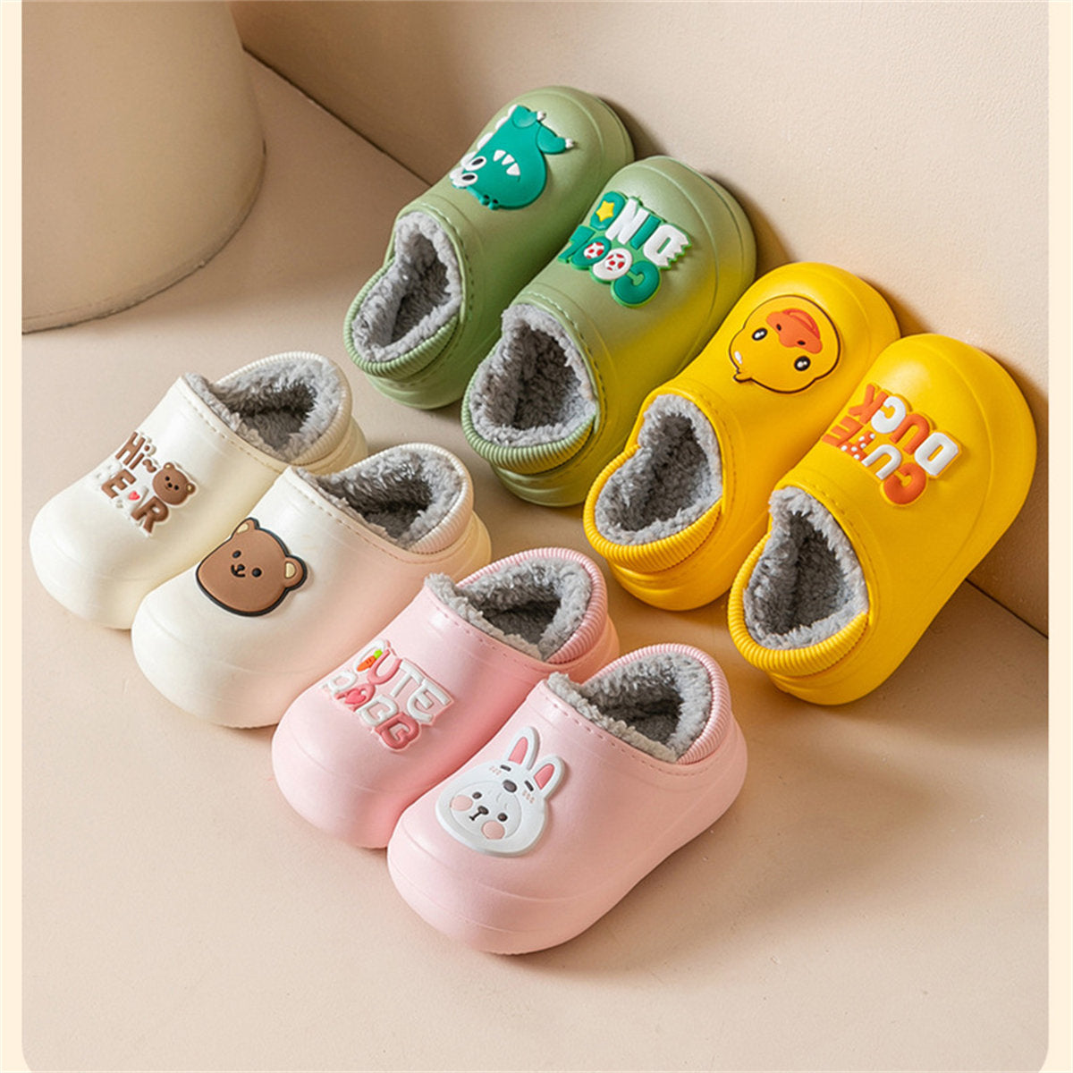 Children's boys and girls autumn and winter cute patterns indoor non-slip home waterproof plus velvet cotton slippers