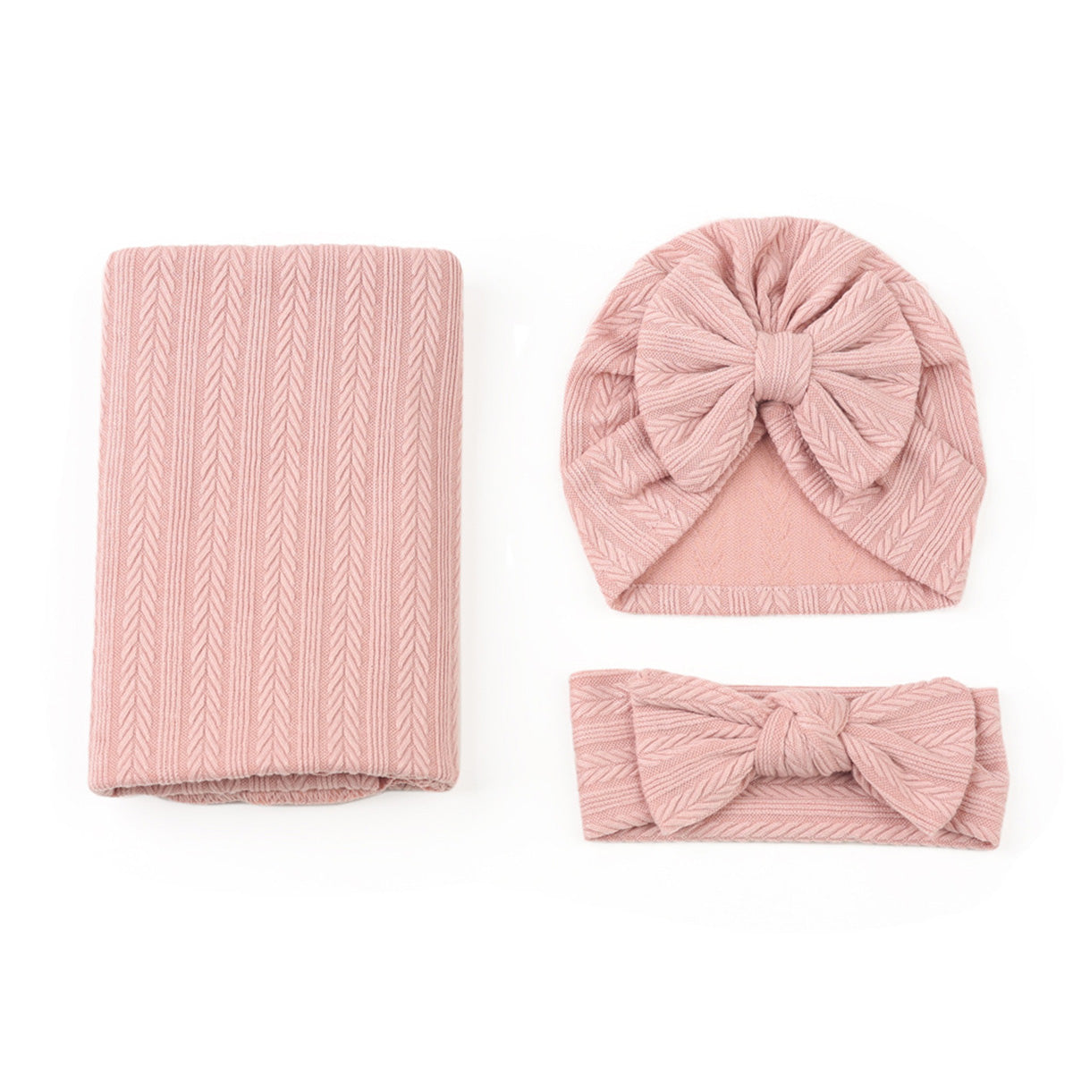 3-piece Nwe Born Baby Solid Color Wrap Warm Blanket & Infant Hat & Bowknot Headwrap