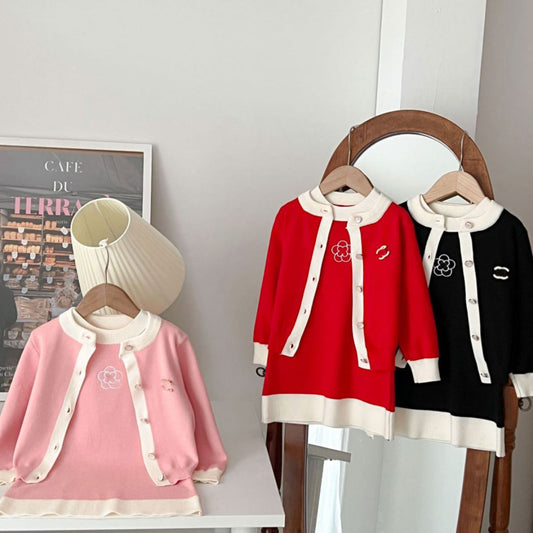 Girls dress set spring new children's fashionable Chanel style knitted cardigan vest dress two-piece set