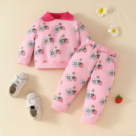 Autumn cartoon flower car full print casual sweatshirt with trousers for girls and boys aged 0-3 years old, cute daily outing sports suit