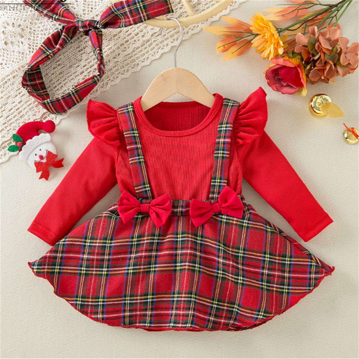 Dress with head bow, suspender skirt, Christmas design