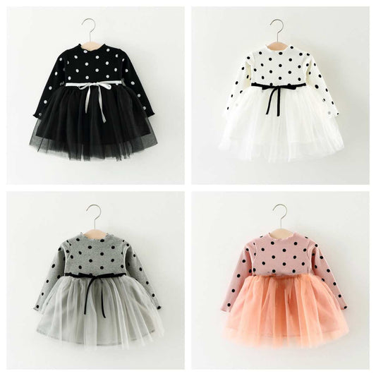 Girls Polka Dot Splicing Tulle Princess Dress Long Sleeve Dress