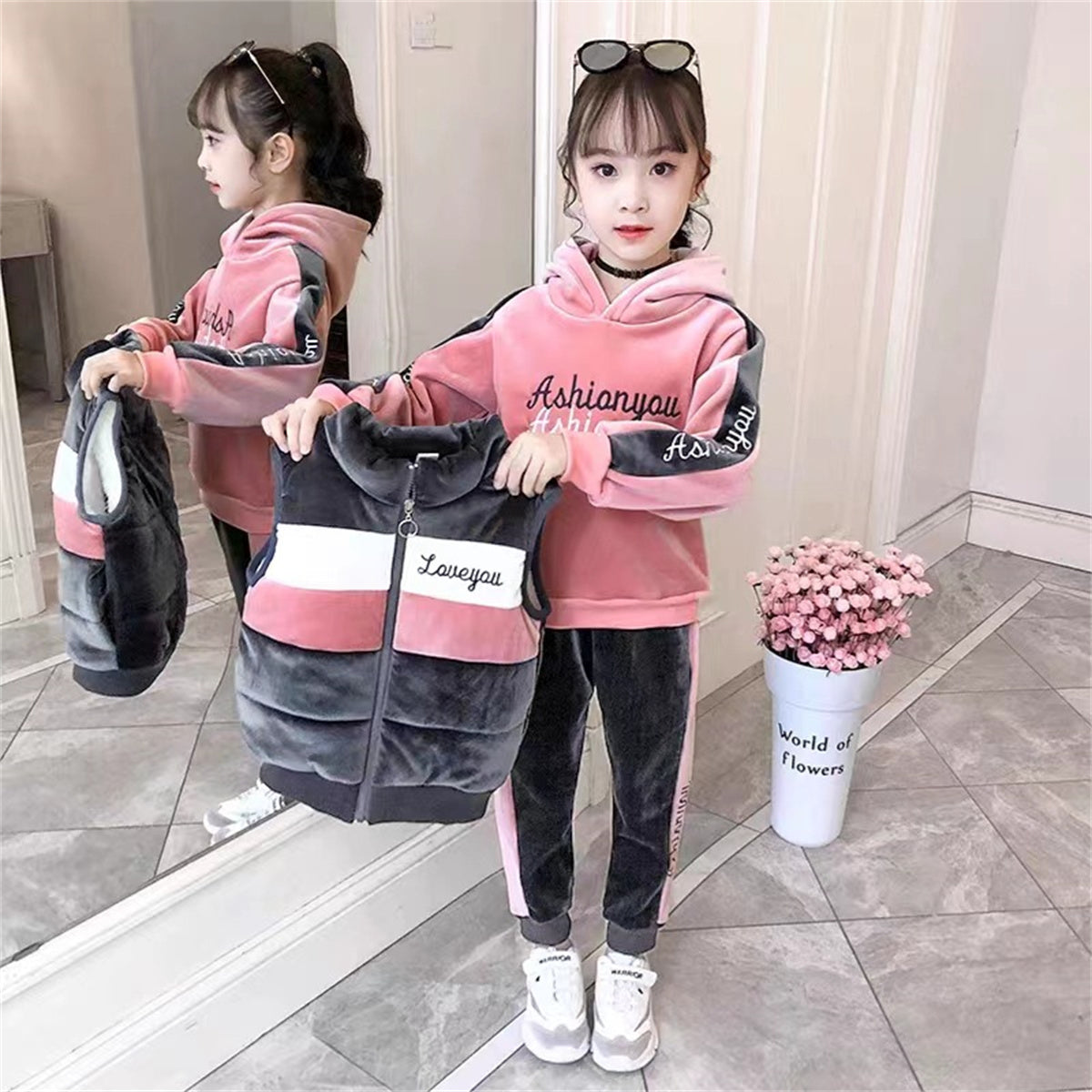 Girls' fashionable daily thickened sports three-piece suit